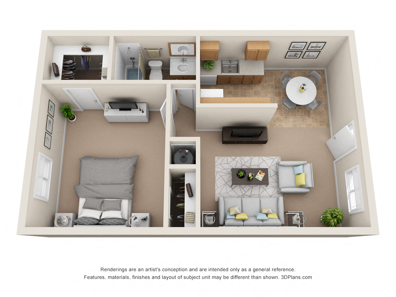 Floor plan for 1 bed, 1 bath, 640 sqft